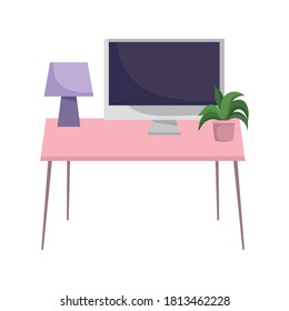 workspace desk lamp computer and plant isolated design white background vector illustration