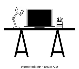 workspace desk laptop lamp and pencils pen