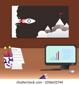Workspace desk living room and modern office background interior flat design abstract, rocket to succesful flag red peak of mountain picture on the wall