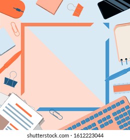 Workspace, desk office top view in orange and blue with space for text.