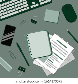 Workspace, desk office top view in green monotone color