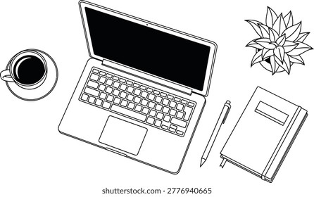 Workspace desk setup line art laptop office minimal illustration