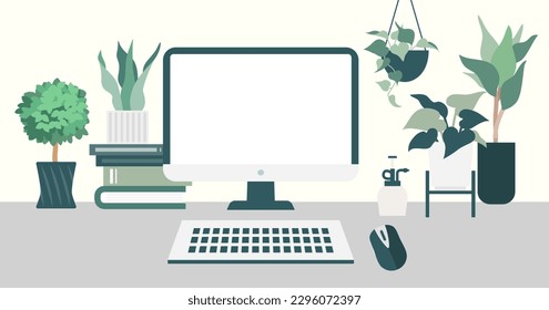 Workspace with desktop computer and houseplants vector illustration
