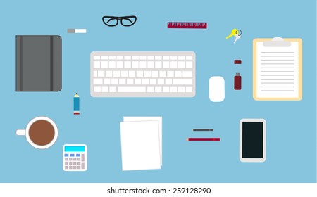 Workspace with devices, flat design. Vector