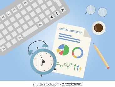 Espaço de trabalho com relatório de sobriedade digital, teclado, despertador e café, ideal para produtividade, atenção plena ou conceitos de equilíbrio tecnológico. digital sustentável. Limpeza digital. Ilustração vetorial