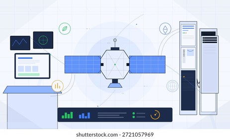 Ein Arbeitsplatz zeigt ein Satellitenmodell mit Solarmodulen an. Auf dem Schreibtisch befinden sich Computerbildschirme mit Daten und Diagrammen. Der Rahmen lässt einen Schwerpunkt auf Technologie und Forschung vermuten.