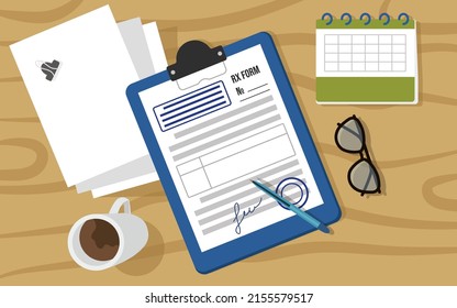 Workspace of the doctor's desk, top view. Pharmaceutical RX prescription form with blue seals and stamps for medicines. Papers, pen, calendar, glasses, a cup of coffee. Vector illustration.