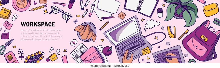 Workspace doodle big set for creative work, writer, editor, artist, designer, journalist or copywriter. Vector Illustration with outline sketch style with laptop, coffee cup, croissant, book, tablet. 