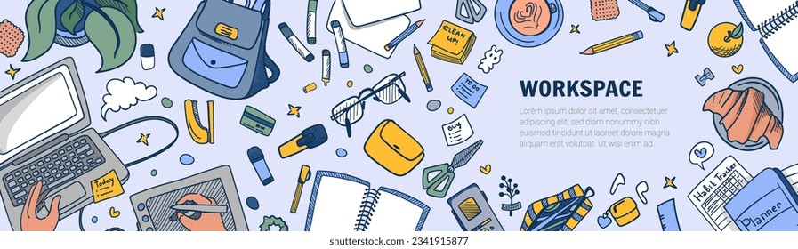 Workspace doodle big set for creator, writer, editor, artist, designer, journalist or copywriter. Vector Illustration with outline doodle style, laptop, book, tablet, desk, plant, glasses, planner