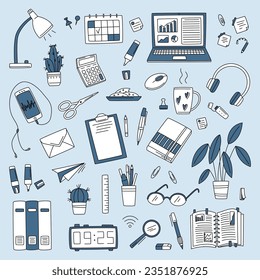 Workspace doodle set with lamp, smartphone, laptop, cactus, marker, books, pen, calculator, sticker, calendar in doodle style. Vector Monochrome line sketch