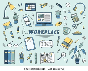 Workspace doodle set with lamp, smartphone, laptop, cactus, marker, books, pen, calculator, sticker, calendar in doodle style. Vector colourful line art sketch