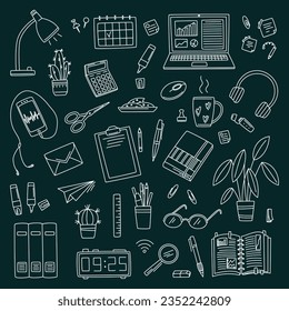 Workspace doodle set with lamp, smartphone, laptop, cactus, marker, books, pen, calculator, sticker, calendar in doodle style. Vector line sketch on dark background