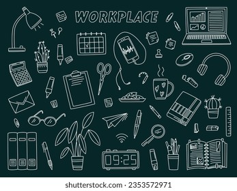 Workspace doodle set with lamp, smartphone, laptop, cactus, marker, books, pen, calculator, sticker, calendar in doodle style. Vector line sketch on dark background