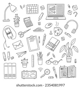 Workspace doodle set with lamp, smartphone, laptop, cactus, marker, books, pen, calculator, sticker, calendar in doodle style. Vector Monochrome line sketch