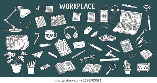 Workspace doodle set with lamp, smartphone, laptop, cactus, marker, books, pen, calculator, sticker, calendar in doodle style. Vector line sketch on dark background