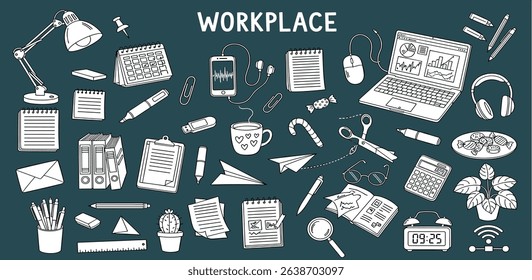 Workspace doodle set with lamp, smartphone, laptop, cactus, marker, books, pen, calculator, sticker, calendar in doodle style. Vector line sketch on dark background