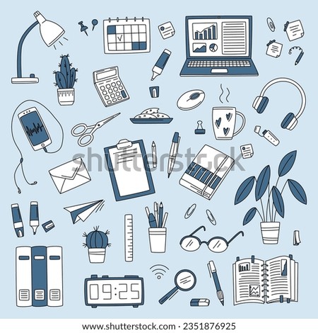 Workspace doodle set with lamp, smartphone, laptop, cactus, marker, books, pen, calculator, sticker, calendar in doodle style. Vector Monochrome line sketch