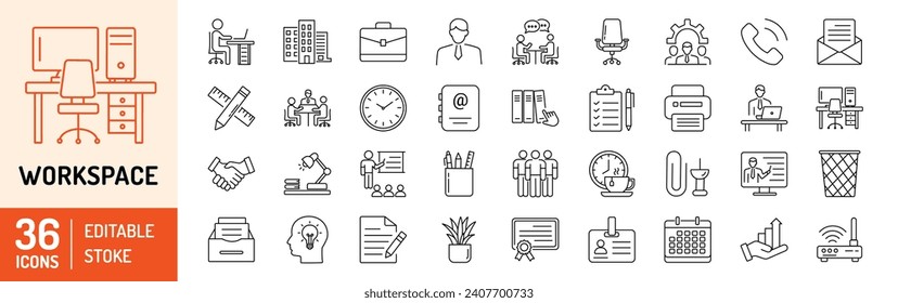 Workspace editable stroke outline Icons set. Office chair, computer, manager, workspace, brainstorm, management and presentation. Vector illustration