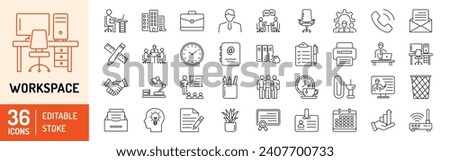 Workspace editable stroke outline Icons set. Office chair, computer, manager, workspace, brainstorm, management and presentation. Vector illustration
