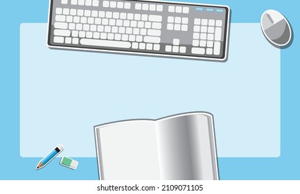 Workspace elements. Top view of the desk. Landscape image. Keyboard. Book. Writing vector graphics. On a blue background. The concept is fun to work with.