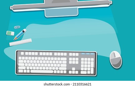 Workspace elements. Top view of the desk. Landscape image. Keyboard. Writing vector graphics. On a blue background. The concept is fun to work with.