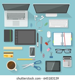 Workspace elements top view set with devices stationery calculator coffee cup banking card glasses headphones isolated vector illustration