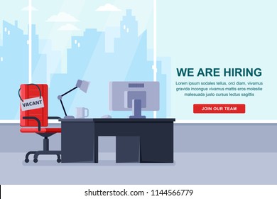 Workspace For Employee With Table, Computer And Office Chair With Vacancy Sign. Recruitment And Hiring Business Concept. Vector Flat Illustration.