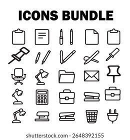 Conjunto de Ícones do Workspace Essentials Uma Coleção Abrangente de Suprimentos para Escritório e Ícones Estacionários para Designs Profissionais e Desenvolvimento de Interface do Usuário e Apresentações e Materiais de Apoio Digitais