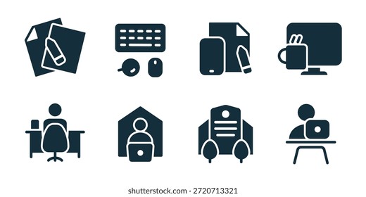 Workspace excellent icon collection. Documents edit, keyboard mouse set, work file tools, desktop coffee break, office desk worker, home office laptop, work report approval, meeting workspace