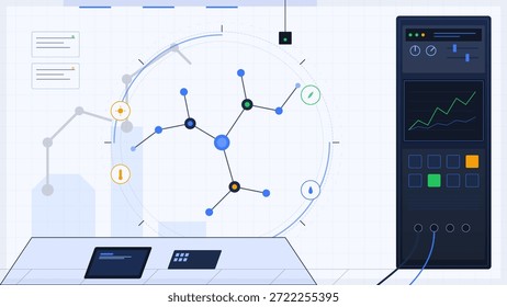 Um espaço de trabalho apresenta uma tela grande mostrando visualizações de dados, incluindo nós conectados por linhas e gráficos. As tabelas contêm dispositivos e controles para interação com o sistema.