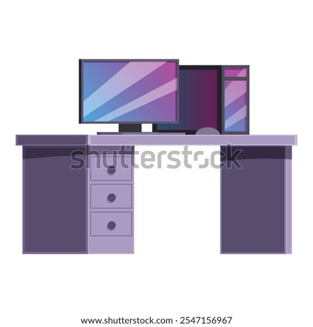 Workspace featuring a computer, monitors, and other devices sitting on a desk, representing a modern office setup