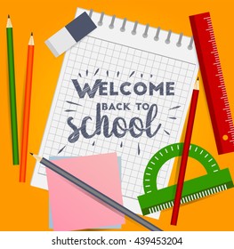 Workspace in flat design with Doodle top view on a light background. Technical workspace. Welcome back to school.