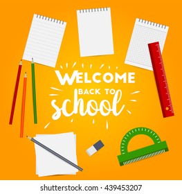 Workspace in flat design with Doodle top view on a light background. Technical workspace. Welcome back to school.