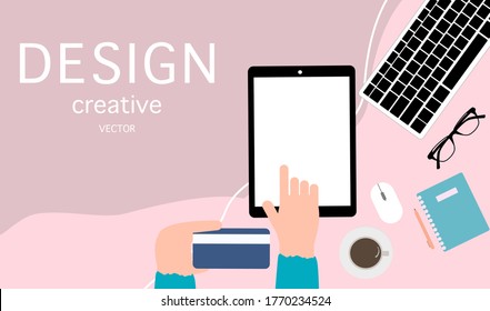 Workspace flat lay  shopping online with pink pastel color.design banner modern website marketing.