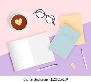 Workspace flat lay stationery in paper art style with pastel color scheme background vector illustration