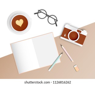 Workspace flat lay stationery in paper art style with pastel color scheme background vector illustration