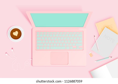 Workspace flat lay stationery in paper art style with pastel color scheme background vector illustration