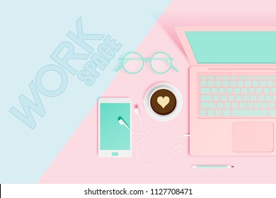 Workspace flat lay stationery in paper art style with pastel color scheme background vector illustration