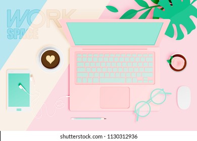 Workspace flat lay stationery in paper art style with pastel color scheme background vector illustration