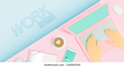 Workspace flat lay stationery in paper art style with pastel color scheme background vector illustration