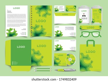 Workspace flat lay stationery in paper cut art style with green and yellow color Corporate Identity Set. Stationery Template Design Kit. Branding Template Editable Brand Identity pack.