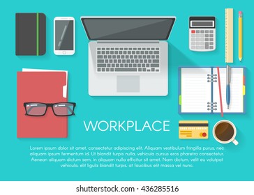 Workspace flat poster in flat lay style with electronics and office supplies vector illustration