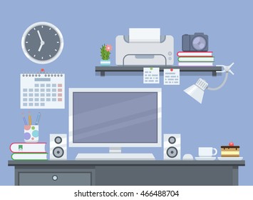 Workspace in flat style with computer, printer and clock. Workplace for freelancer. Vector illustration
