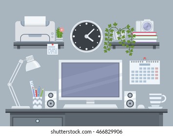 Workspace in flat style with computer, printer and clock. Home room with workplace for freelancer. Vector illustration