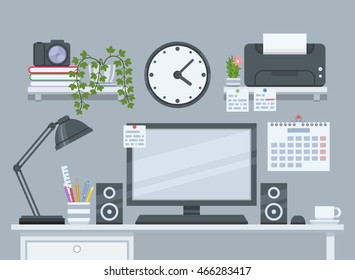 Workspace in flat style. Home room with workplace for freelancer. Vector illustration