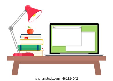 Workspace flat style. Textbook and apple, stack book and table lamp, paperwork and workplace, vector illustration
