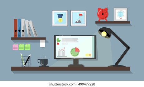 Workspace Flat. A Table With A Desktop Computer, A Working Lamp. Vector Flat Line