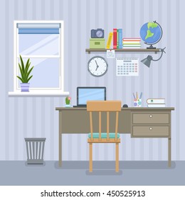 Workspace for freelancer in flat style. Home room with workplace and laptop. Vector illustration