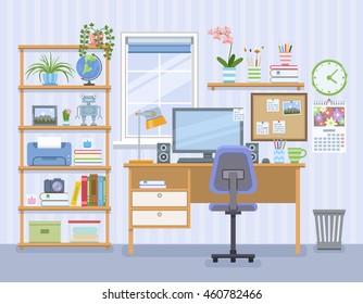 Workspace for freelancer in flat style. Home room with workplace and shelving unit. Vector illustration