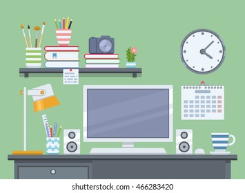Workspace for freelancer in flat style. Home room with workplace. Vector illustration
